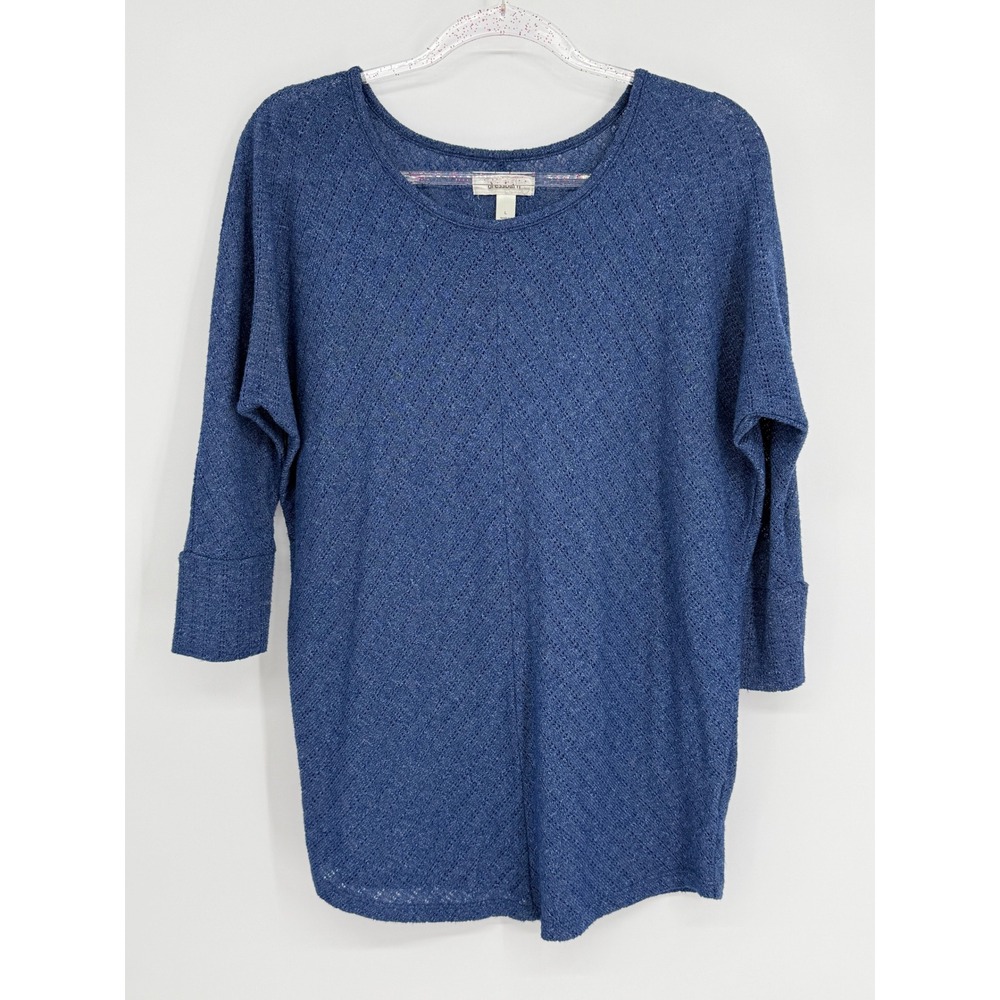 Dressbarn Womens Blue Pointelle Knit Tunic Top 3/4 Sleeve Scoop Neck Sz L